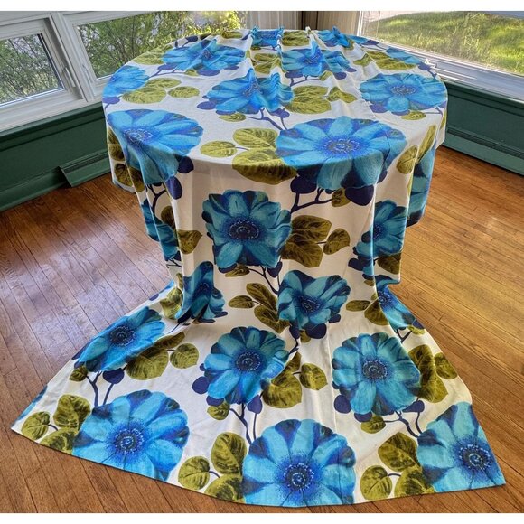 Vintage pleated curtain, huge blue green floral, thick oversized panel, for each - Picture 4 of 10